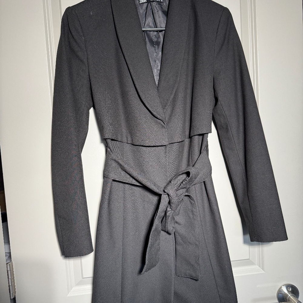 ZARA Black Longline Belted Blazer | Size M | Minimalist Shawl Collar Jacket
